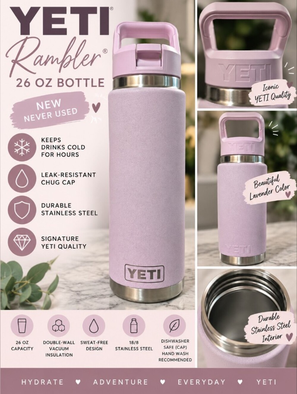 NEW YETI Rambler 26 oz Water Bottle Lavender Purple Flip Chug Cap